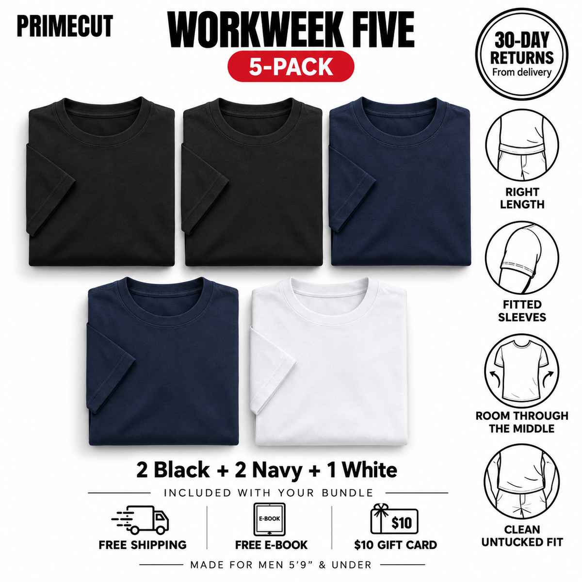 Workweek Five — 5-Pack T-Shirts for Short Men