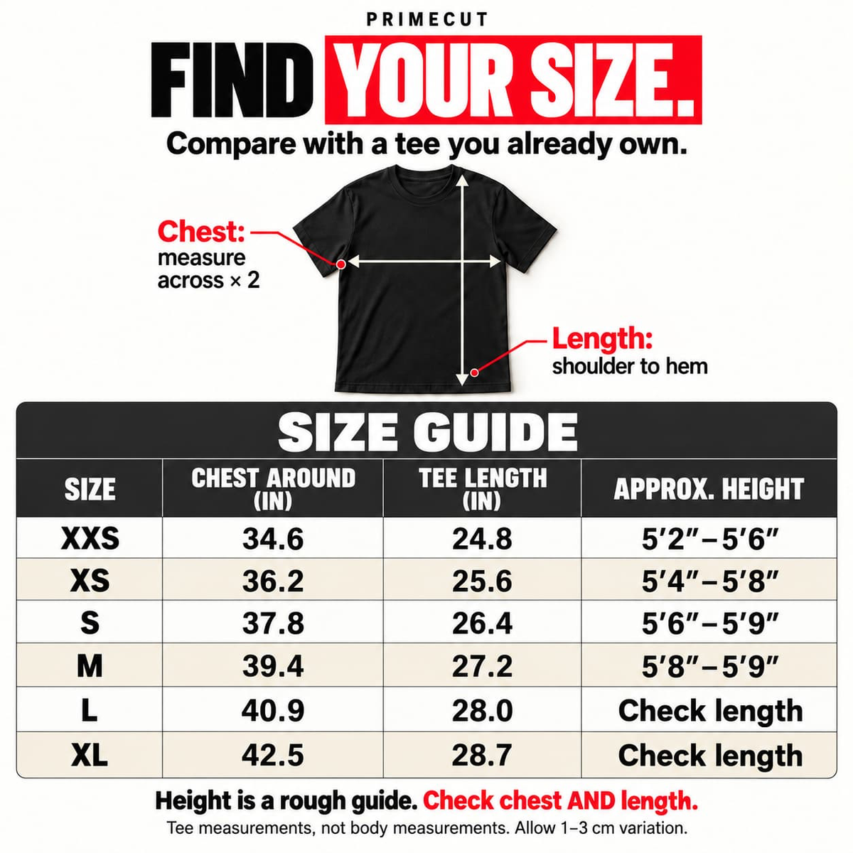 PrimeCut size guide by approximate height