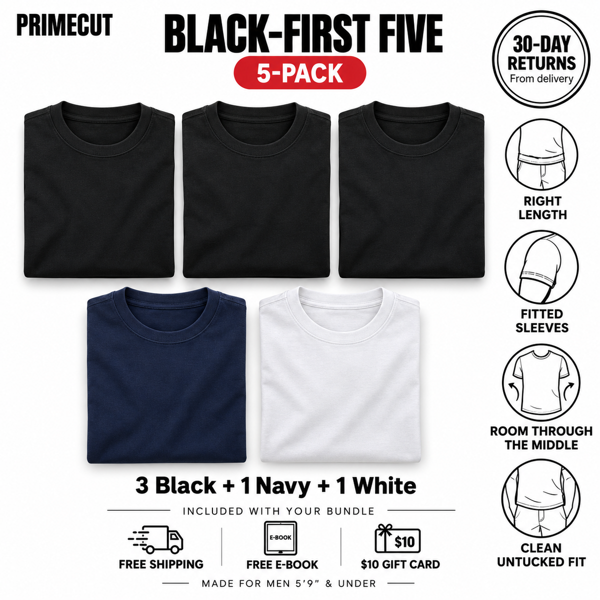 Black-First Five — 5-Pack T-Shirts for Short Men