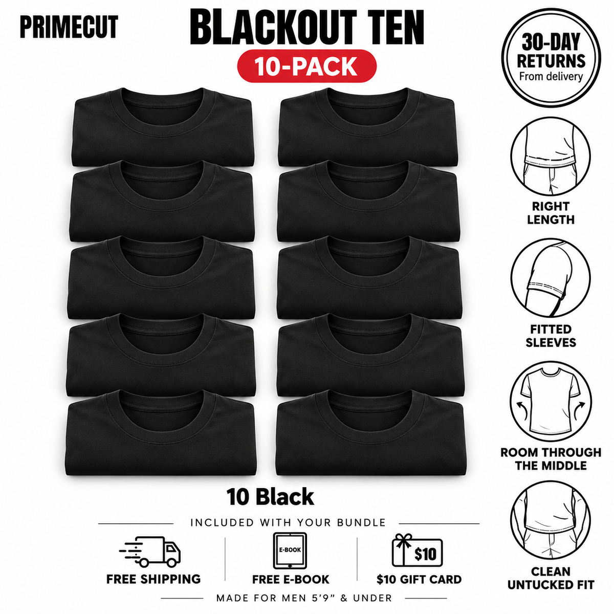 Blackout Ten — 10-Pack Black T-Shirts for Short Men