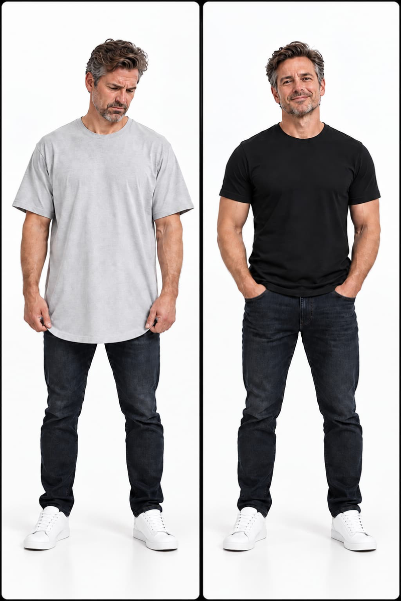A long standard tee next to a shorter, better-proportioned PrimeCut tee