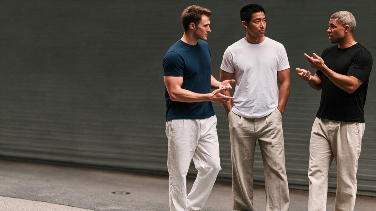 Three men walking toward the camera in black, grey and navy PrimeCut crew neck tees