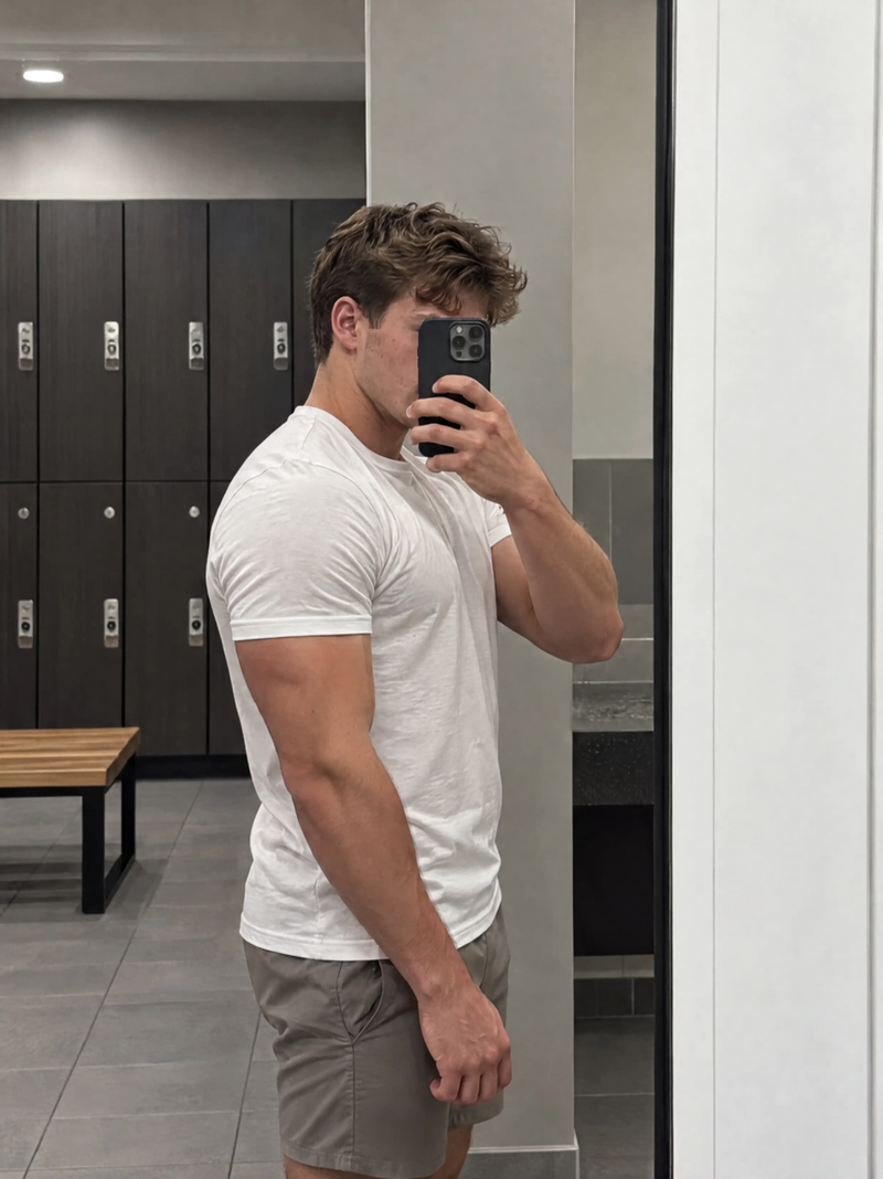 Man who is 5'5" wearing a size M PrimeCut tee in white