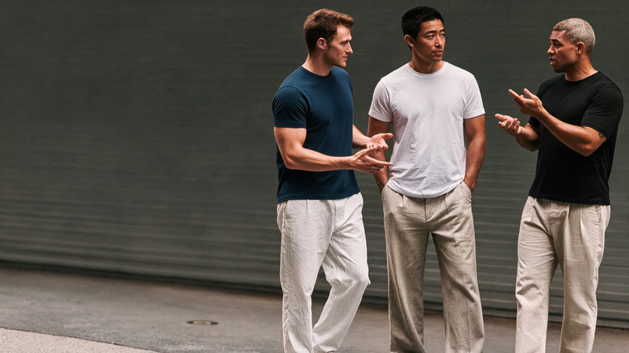 Three men wearing PrimeCut crew neck tees in black, grey and navy
