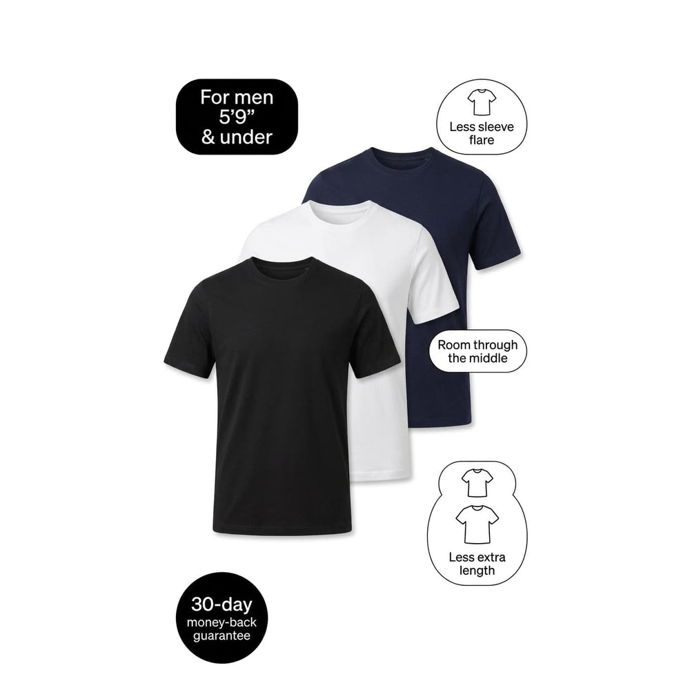 Core Three — 3-Pack T-Shirts for Short Men: 1 Black + 1 Navy + 1 White