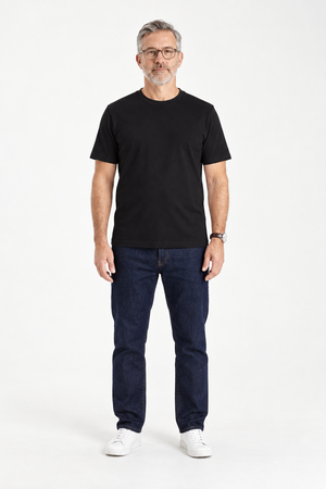 Man wearing the black PrimeCut crew neck tee