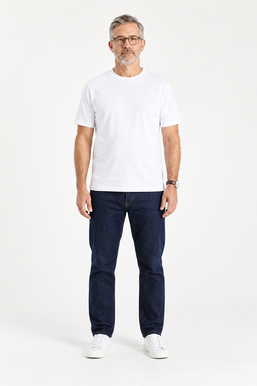 Man wearing the Primecut crew neck tee in white.