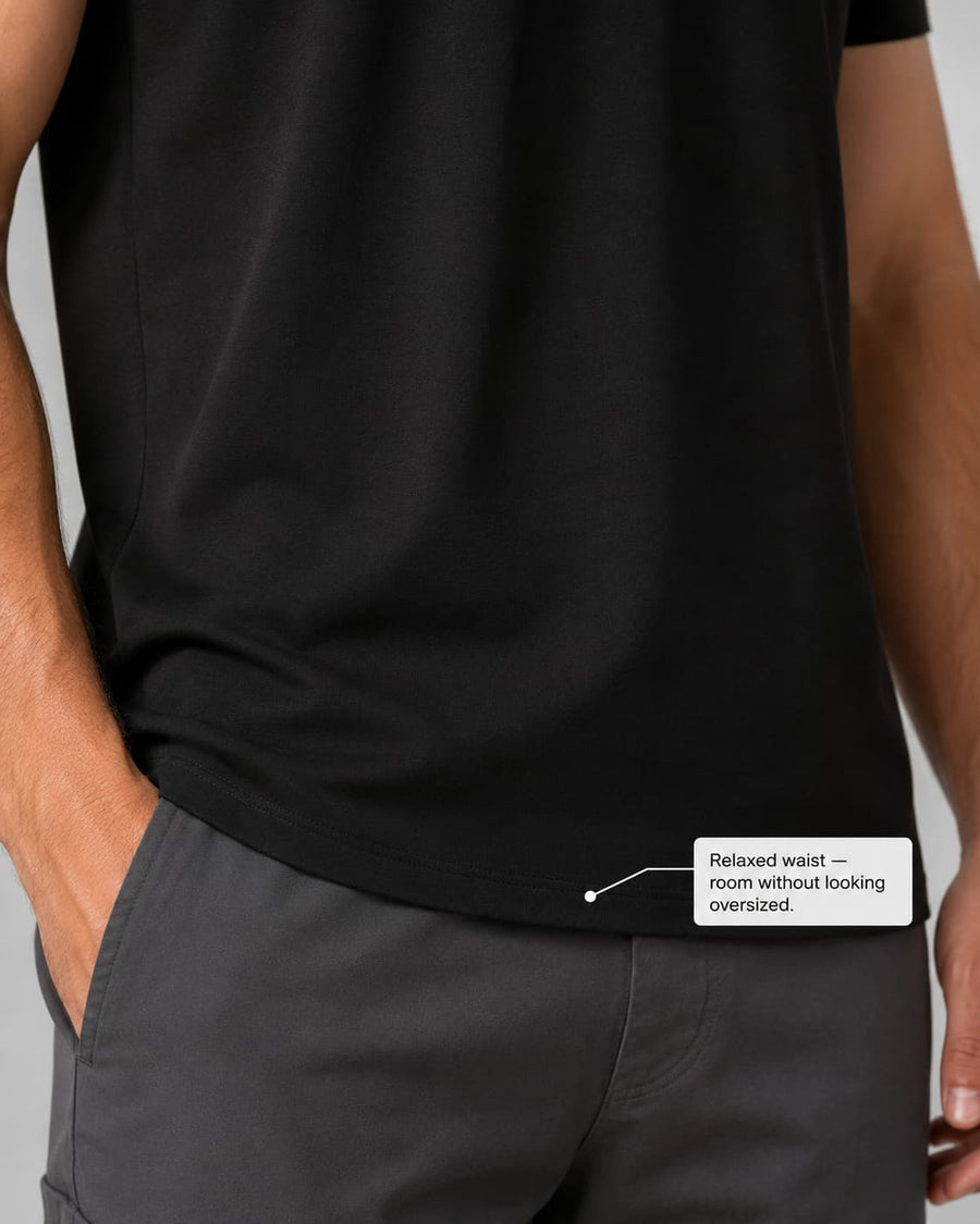 Close-up of a PrimeCut tee ending at the belt line, with room through the middle
